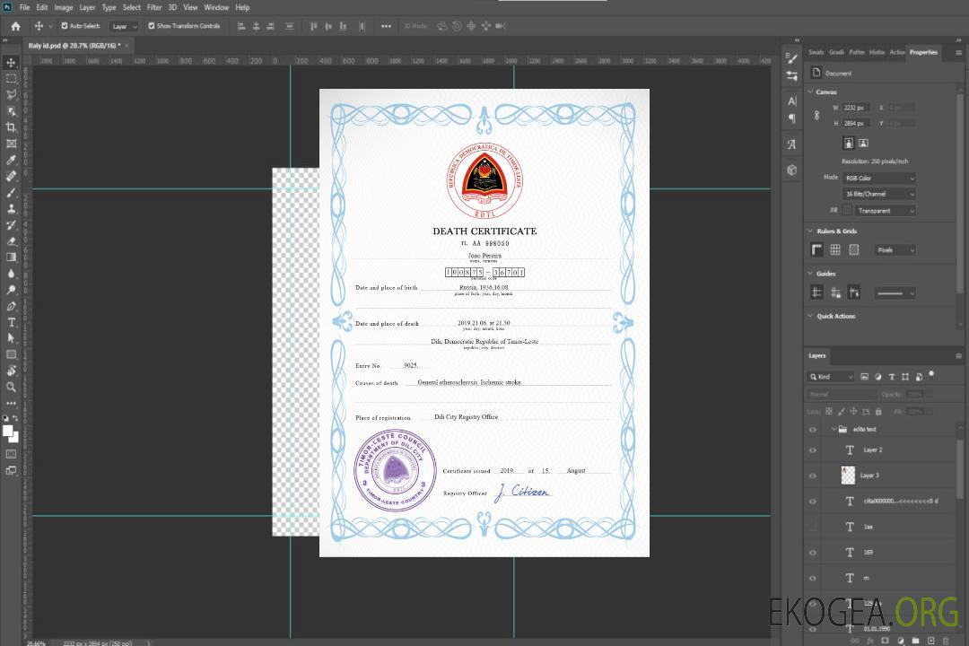 Modèle PSD de certificat de décès d'état civil du Timor-Leste template